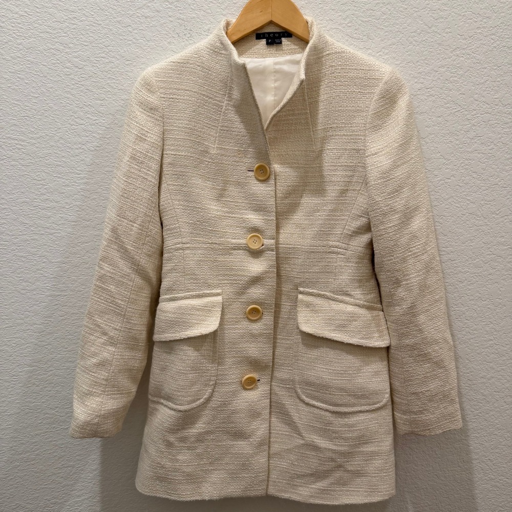 Theory Cream Tweed Blazer Jacket Mandarin Collar Button Front Coat Womens Petite